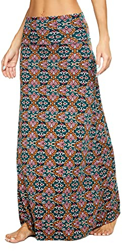 EXCHIC Femmes Confortable Elastique Taille Haute Maxi Jupe Boho Flared A-Line Longues Yoga Jupes (L, 11)