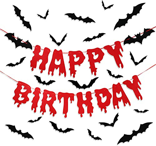 Tenare Happy Birthday Halloween Gruseliges Blutiges Geburtstag Banner und 36 Stücke PVC 3D Gruselige Fledermäuse Wandtattoos für Vampir Zombie Halloween Party