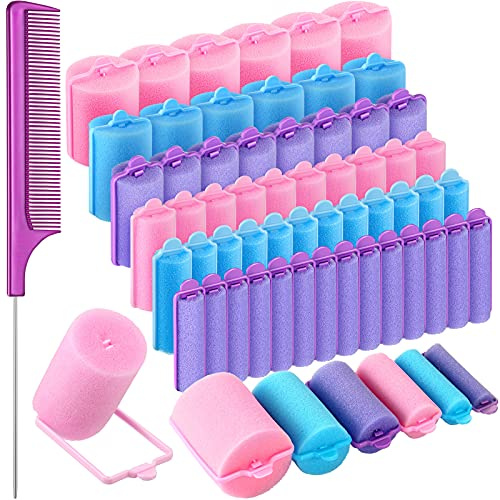 Syhood 56 Pcs Foam Sponge Hair Rollers 6 Sizes Soft Sleeping Curlers Flexible Sponge Curler Tool Rat Tail Comb for Long Short Hair Styling(Warm Color)