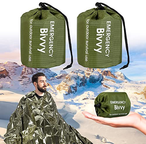 Notfalldecke Schlafsack, Tragbar Notfall Schlafsack Notfallzelt Wasserdicht Survival Schlafsack Hitzeabweisend Erste Hilfe Rettungsdecken Ultraleicht Biwak Sack für Camping im Freien und Wandern(Grün)