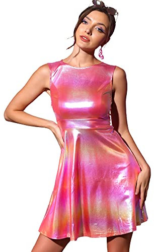 Allegra K Vestido Acampanado holográfico de Cintura Alta y Cuello Redondo sin Mangas Brillante metálico Clubwear para Mujer Rosa Caliente XL