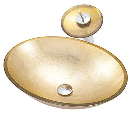 SXLSZ Aufsatzwaschbecken Goldenes Glaswaschbecken Bad Waschbecken Aufsatz, Modern Handwaschbecken G?ste Wc Top-Ovale Form - mit Wasserhahn