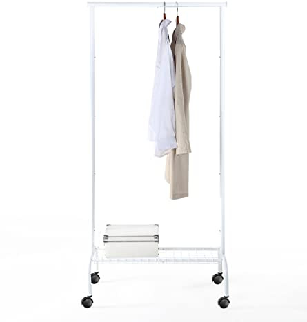 SunnyPoint Rolling Garment Rack with Shelf – Heavy-Duty Metal Clothing Rack on Wheels, 64.9” Tall Clothes Organizer with Bottom Storage, White