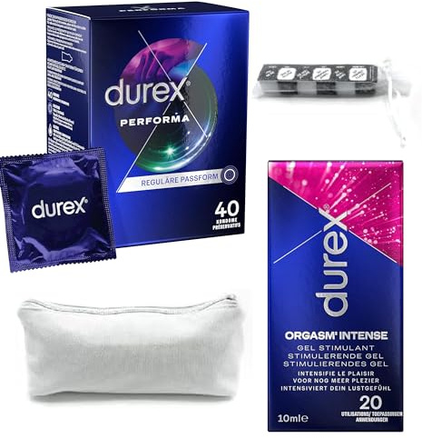 Durex aufregendes Erotik-Set mit Performa Kondomen 40 Stück, Intense Orgasmic Gel 10ml & Accessoirces für Paare