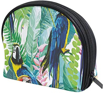 Seamless Colorful Parrots and Exotic Green Plants with Pink Flowers Women's Shell Shape Cosmetic Makeup Bag, With Zipper Travel Toiletry Bag, Colorful Storage Bag for Lady Girl 8 x 2.5 x 5.5 inch