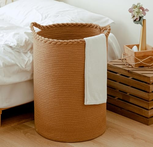 Homlikelan Cesto portabiancheria in cotone intrecciato da 72 l, per coperte, cuscini, giocattoli, scarpe, colore marrone chiaro, 55,6 cm di altezza x 40,6 cm di profondità