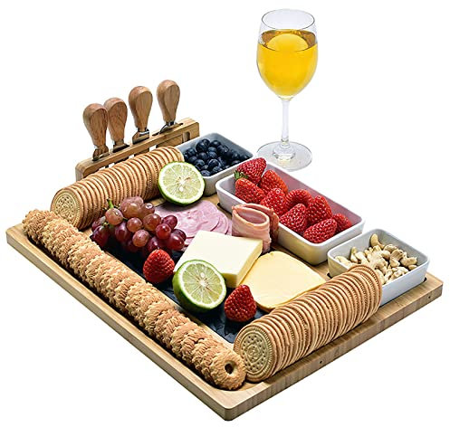 THREMA Bambus-Käsebrett-Set, 16,1-Zoll-Wein-Fleisch-Käseplatte, Große Wurstbretter Mit Edelstahl-Käsebesteck, 3 Keramikschalen Und Schachbrett, Ideal Für Partys Und Veranstaltungen