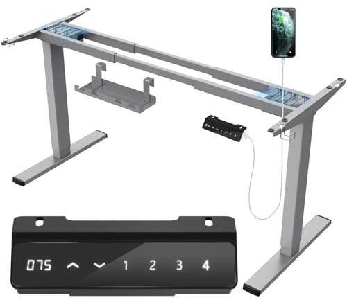 JUMMICO Dual-Motor Tischgestell Höhenverstellbar mit USB-Buchse und Kabelwanne, Elektrisch Höhenverstellbarer Schreibtisch Gestell mit Rollen (Grau)