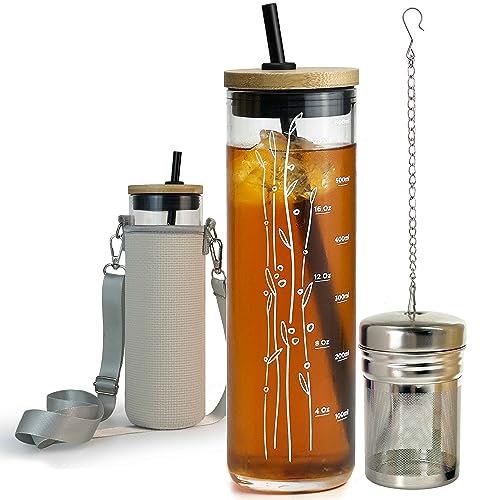 drinmoaer 600ml Trinkbecher - Trinkflasche aus Glas mit Strohhalm und Bambusdeckel – glasbecher mit deckel und strohhalm - Teeflasche mit Sieb to go