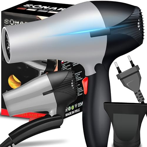 Retoo Secador de Pelo de Viaje, 2 Velocidades, Difusor Compacto, Portátil, Silencioso, Plegable y Ligero, boquilla concentradora, de Secado Rápido, Potencia 1200W, 110-240V, Gris