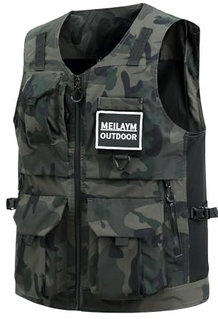 MeiLayM Herren Outdoor Weste mit Vielen Taschen Leicht Atmungsaktiv Anglerweste schnelltrocknend Multifunktions Weste Camping Fotografie Ärmellos Jacke Tarnfarbe Grün,S