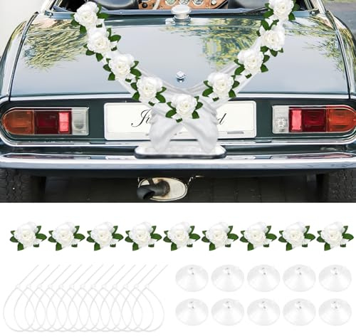 Autoschmuck Hochzeit, 2 STK 1.6M Organza und 9STK 12cm Rose Hochzeitsschmuck Auto Deko, Auto Motorhaube Deko Blumen Girlande für Wedding Car Deko, Weiß