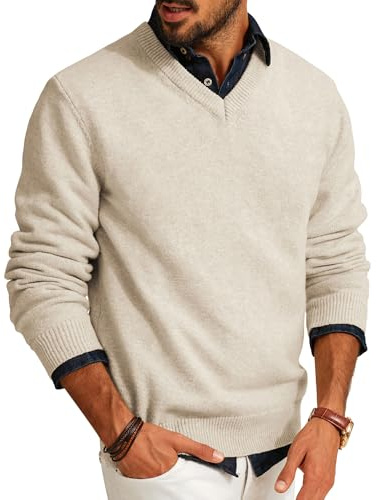 PJ PAUL JONES V Neck Sweater for Men Knit Long Sleeve Casual Slim Fit Pullover Sweater Wool Blend Lightweight Winter Sweater Apricot XL