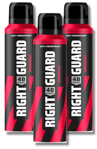 Right Guard Men's Deodorant Original, 48-Hour High Performance Anti-Perspirant Aerosol Spray - 3-Pack, 150ml Each, No White Residue Formula, Alcohol-Free for Sensitive Skin, Dermatologically Tested