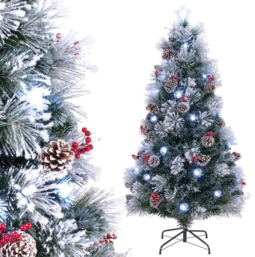 COSTWAY Árbol de Navidad Nevado 150/180 cm, Arbol de Navidad con Luces Incorporadas, 8 Modos, 49/63 Luces LED, Fibras Ópticas, 18/24 Piñas y Bayas Rojas, Arvore de Natal Hogar Fiesta (180 cm)