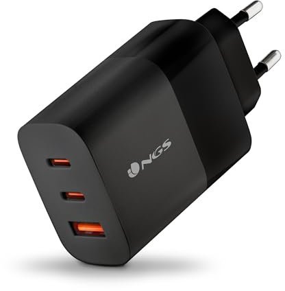 NGS BUD 65W - Cargador de pared ultrarrápido con 3 puertos USB-C (PD & PPS 65W) USB-A (QC 3.0 18W) Compacto y portátil para smartphones tablets laptops Materiales GaN ignífugos Carga simultánea segura