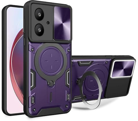 ILING Funda para Motorola Moto G14, Textura de Metal Dura Mate PC Carcasa, Silicona TPU Bumper Antigolpes Cubierta con Anillo Soporte y Tapa Cámara Deslizante (Morado Oscuro)