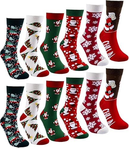 volumoon Chaussette de Noel, 6 Paires Chssettes de Noël en Coton, Douces et Confortables, Couleurs de Noël, Chaussettes Chaudes Hiver, Chaussettes à Motifs de Noël, pour Hommes et Femmes