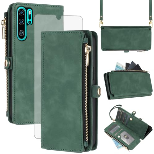 Asuwish Handyhülle für Huawei P30 Pro Hülle mit Band und Folie Schutzfolie RFID Kartenfach Klappbar Leder Blumen Geldbörse Ständer HuweiP30Pro Hawaii P 30 P30Pro VOG-L29 Wallet Hüllen Phone Case Grün