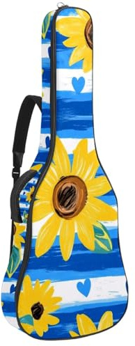 KengjuTesu 43 Zoll Akustikgitarre Softcase mit Rucksackgurt und 2 Taschen handgezeichnete Sonnenblumen-Linien, keine Polsterung, Rucksack, wasserdichtes Oxford-Tuch, Bassgitarre, Gigbag für