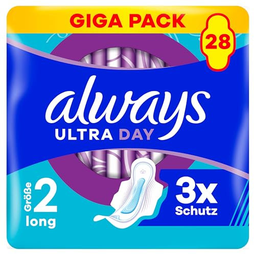 Always Ultra Day Damenbinden Long (Größe 2) Mit Flügeln 28 Stück, Super Saugfähig Und Ultra Dünn, Für Die Periode