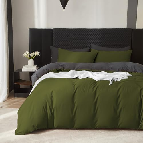 Boqingzhu Baumwolle Bettwäsche 200x220cm Grün Olivgrün Grau Doppelbett Weich Renforce Wende Baumwollbettwäsche Bettbezug 200x220cm und 2 Kissenbezüge 80x80cm mit Reißverschluss