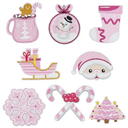 Attuslla 8 Stück Patches zum Aufbügeln, Rosa Weihnachtsmann Schneeflocke Flicken Patch, Flicken zum Aufbügeln Patches für Kleidung, Hüte, Jeans, Röcke, T-Shirts