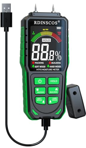 Testeur d'Humidité Bois Rechargeable avec écran Couleur Humidimetre à broches Détecteur d'Humidité pour mesurer la Teneur en Humidité du Bois de Chauffage, des Murs, de la Maçonnerie et des Matériaux