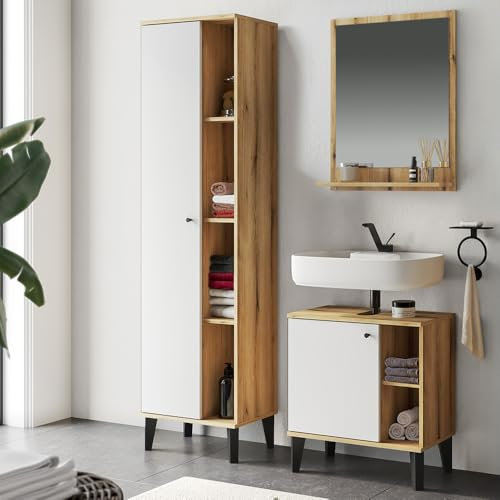 Lomadox Badmöbel-Set 3-teilig mit Waschbeckenunterschrank 60 cm, Spiegel, Hochschrank, in Eiche und weiß, modern