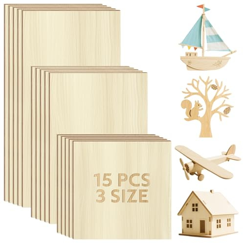 Realure 15pcs Basswood Sheets, 3 Sizes Thin Wood Craft Boards | 10×10/10×15/10×20cm smooth unfinished sheets for laser cutting, engraving, painting, CNC projects and model making.