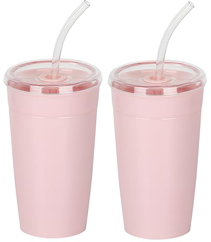 Yisituo Ysituo 450ml Trinkbecher mit Deckel und Strohhalm Kinder, 2 Stück Eiskaffee Gläser, für Fruchtsaft, Slushies, Milch, kalte Getränke, Partys, Zusammenkünfte (2, Pink)
