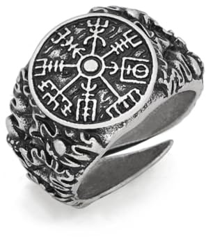 KONFEN Bague pour homme, taille ajustable, motif boussole Viking, gravure texte, bijou rétro punk hip hop gothique unisexe vintage, cadeau d'anniversaire/Noël pour hommes et garçons