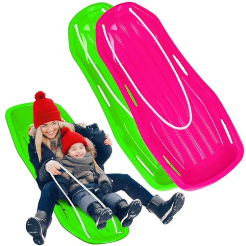 2 Pack 48” Sturdy Snow Sleds for Both Kids and Adults,Lightweight and Fast Speed Toboggan Sled with Pull Rope and Handles,Plastic Cold-Resistant Snow Slides for Toddlers and Adult Rider