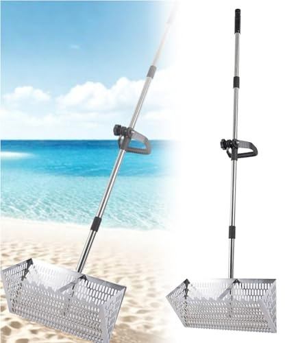 Juego de rastrillo para pulgas de arena, tamiz de arena de playa de acero inoxidable con cesta ancha de dientes de tiburón de 15.8 pulgadas, rastrillo de arena hueco de acero al carbono, rastrillos de