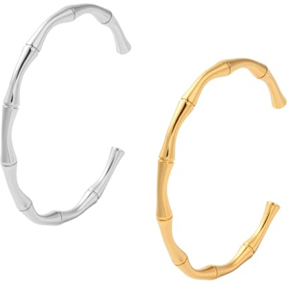 GOMAKERER 2 pulseras de bambú de acero inoxidable, pulsera de bambú dorada y plata pulida para mujer