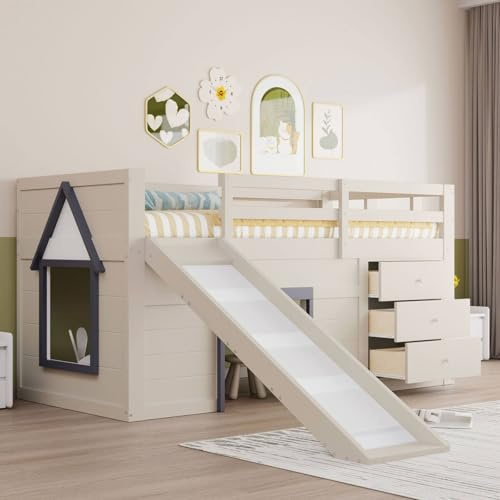 YEHTOKHOME Lit Mezzanine Multifonctionnel avec Toboggan et 3 tiroirs, Moderne lit loft en Bois avec échelle, Garde-Corps et sommier à Lattes(sans Matelas) (90x200cm)