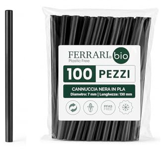 Ferrari Bio | Cannucce Cocktail Nere Compostabili in PLA, 130×7 Mm, 200 Pezzi, Cannucce Usa e Getta Ecologiche per Bar e Ristoranti