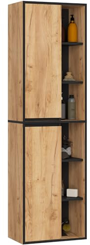AKORD Bad-Hochschrank Hängend VAMI - 2 Türen, 10 Regalböden - Feuchtigkeitsbeständig - Laminierte Spanplatte - Badmöbel - Hoch Badschrank für Kosmetik - B50xH170xT30 cm - Handwerkliche Eiche & Schwarz