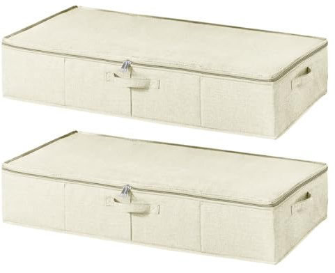 Lot de 2 boîtes de rangement sous le lit avec couvercle, grande commode sous le lit avec poignée, sac de rangement pliable pour couettes, linge de lit, 85 x 12 x 40 cm (beige)