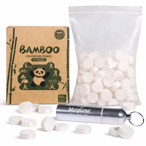 Lot de 100 serviettes compressées, jetables, 22 x 20 cm, 100% bambou, respectueux de l'environnement, serviettes de visage extensibles, blanc