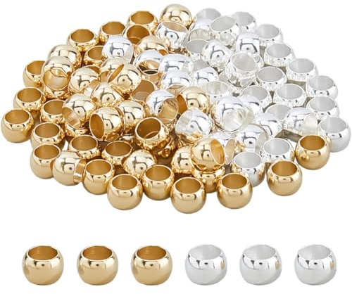 DICOSMETIC 100 Pezzi, Perline Tonde con Grande Foro, 2 Colori, 5.5x4mm, Piccola Distanza, Perle Oro Argento, Senza Cuciture, Perle Tonde Sfuse per la Realizzazione di Braccialetti, Collane, Orecchini
