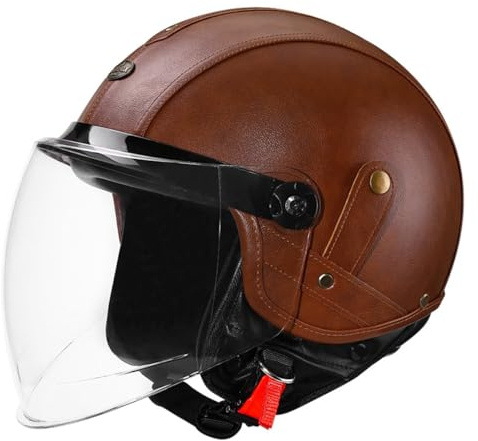 Mezzo Caschi Motociclista Pelle Retrò Caschi Moto Jet E Demi-Jet Con Visiera Parasole Casco Scodella ECEDOT Omologato Casco Ciclomotore Elmetto Scooter Per Uomo Donna 1,XL:61-62CM