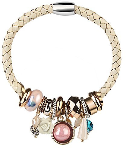 Cheerlife Damen Wickelarmband mit Perlen Blumen Strass Anhänger Flechtarmband Magnetverschluss Armband (Weiß)