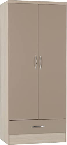Seconique Nevada 2 Door 1 Drawer Wardrobe in Oyster Gloss/Light Oak Effect Veneer