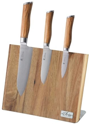 Wakoli 3er Damastmesser Set mit Olivenholzgriffen Klingen von 8,50 bis 17,00 cm Länge inkl. magnetischem Messerbrett Akazienholz