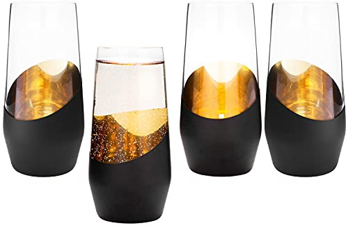 MyGift Set of 4 Black & Gold Stemless Champagne Flutes - 11 oz Wedding Party Glasses, Modern Barware for Sparkling Wine, Cocktails, Christmas Gifts (Elegant Home & Bridal Shower Essentials)