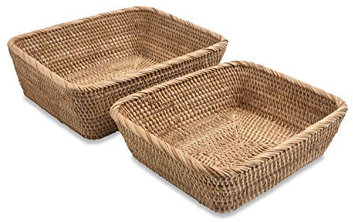 FiaLife Bandeja rectangular de mimbre tejida a mano, rústica, para el hogar/eventos sociales, cesta de pan, verduras, frutas, aperitivos, galletas, organizador de cocina y baño. Juego de 2 unidades.