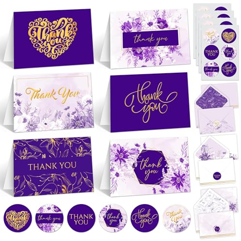 Decorably 24 Pack Gold Foil 6x4in Purple Thank You Cards with Envelopes and Stickers, 6 Elegant Designs for Friends, Family, Loved Ones, Blank Inside - All Occasions, Wedding, Gifting, Mailing