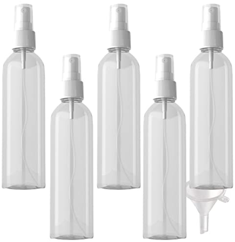 PQPAUTY 5 Stück Leere Transparent 250ml Kunststoff Sprühflasche mit Weiß Zerstäuber Flasche, Tragbar Feinen Nebel Pumpzerstäuber Zerstäuberflasche Parfümzerstäuber Reise Flakons, 1x Trichter