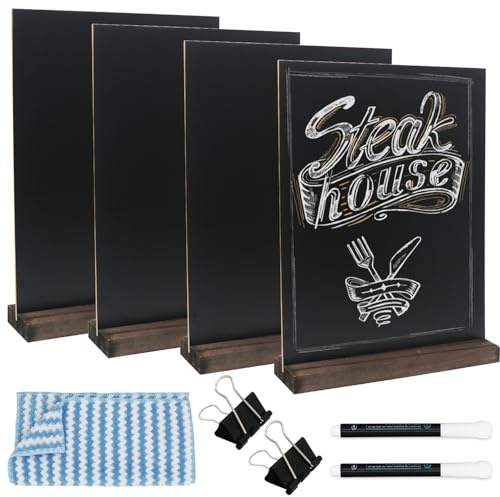 GUKBIAY Tabletop Chalkboard Sign with Base Stand 4 Pack 8.5 x 11 Inch Double Side Standing Menu Boards Food Signs for Party Buffet Wedding Bar Restaurant Food